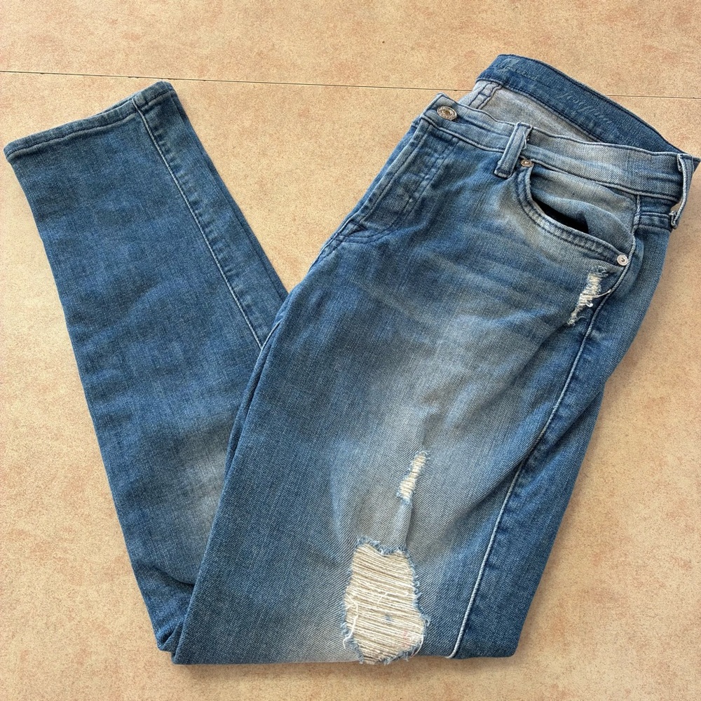 7 For All Mankind Josephina Distressed Button Fly Mid Rise Skinny Stretch Jeans